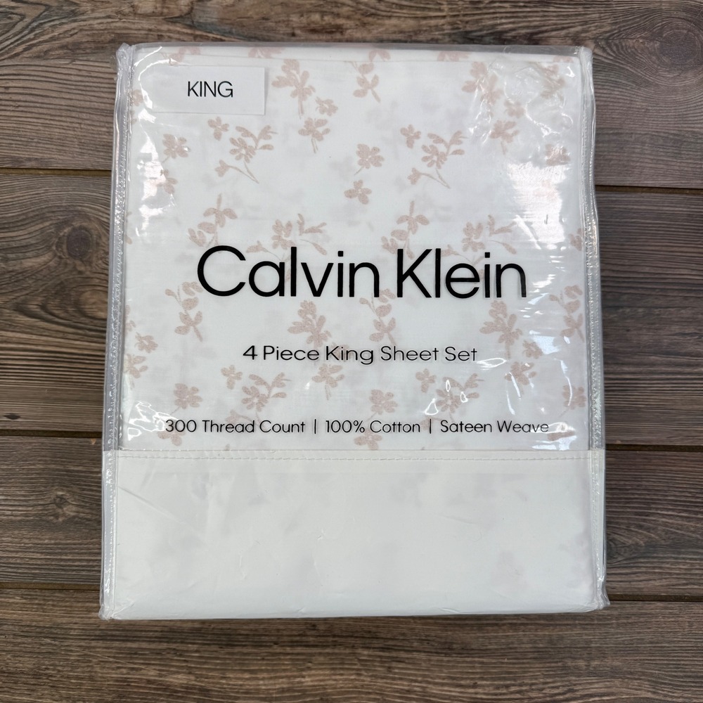 Calvin Klein King 4pc Sheet Set‎ White Pink Shaded Foliage Cotton Sateen NEW
